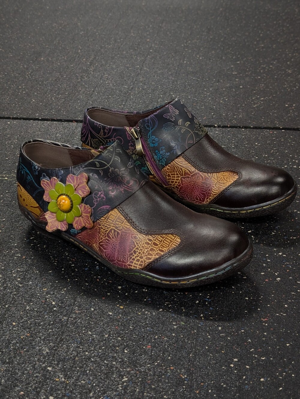 Socofy Vicconfy Shoes Womens 9 Ethnic Leather Floral Side Zip Boho